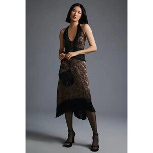NWT Anthropologie Halter Dress Size 12 High-Low Hem Fringe Velvet RT10545 $268